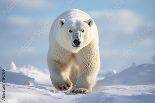Cute polar bear walking on ice snow. © Golden House Images