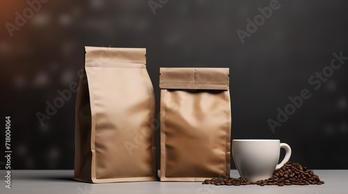 A cup of coffee in the photo next to a package containing roasted coffee. generative AI