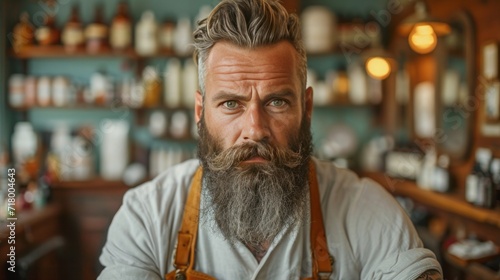 Barber making hairstyle for confident bearded hipster. Advertising for barbershop and men's beauty salon
