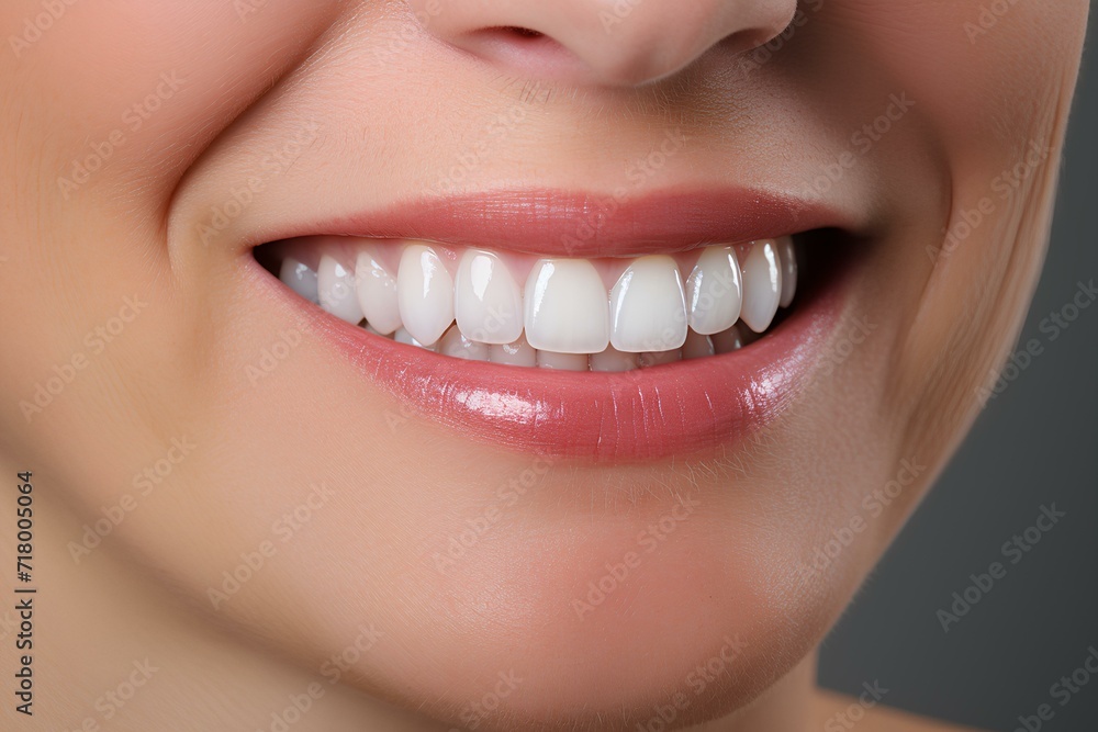 Close up of woman's teeth and gums. Snow-white smile. Generative AI. Close up of woman's teeth and gums. Snow-white smile. Generative AI.