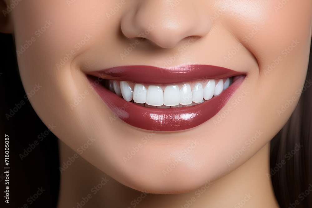Close up of woman's teeth and gums. Snow-white smile. Generative AI. Close up of woman's teeth and gums. Snow-white smile. Generative AI.