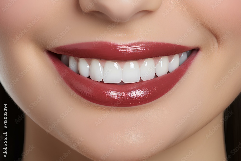 Fototapeta premium Close up of woman's teeth and gums. Snow-white smile. Generative AI.