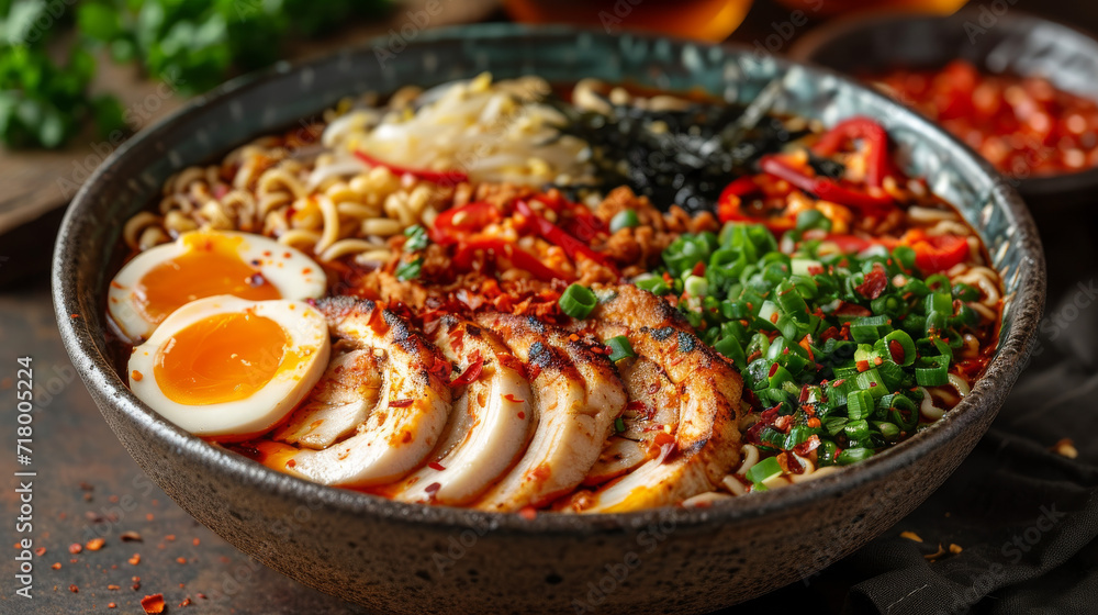 Ramen in a bowl well decorated, product photo Ramen in a bowl well decorated, product photo