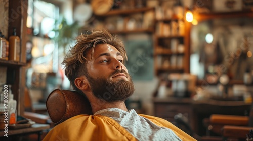 Young bearded man getting haircut by hairdresser while sitting in chair at barbershop