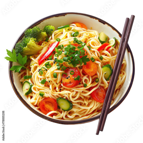 Fried noodles with vegetables in bowl, Top view. Transparent background photo