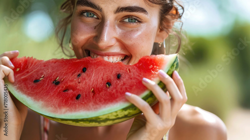 happy girl eating watermelon