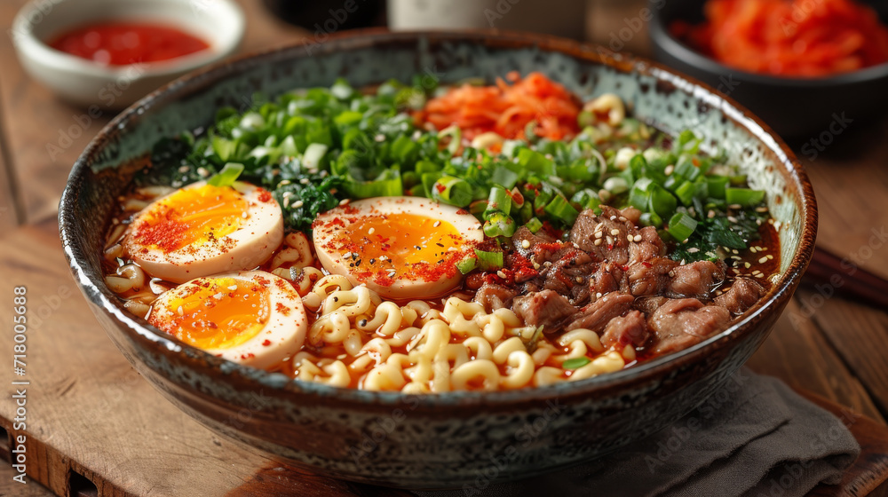 Ramen in a bowl well decorated, product photo Ramen in a bowl well decorated, product photo