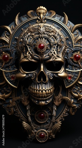 volumetric skull encrusted with precious stones on the surface of the shield