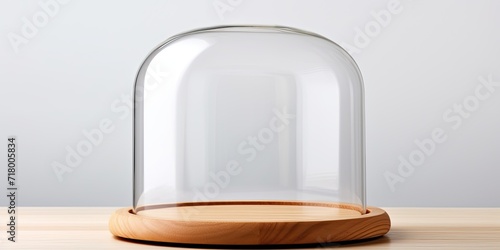 Glass dome and wooden tray on white surface