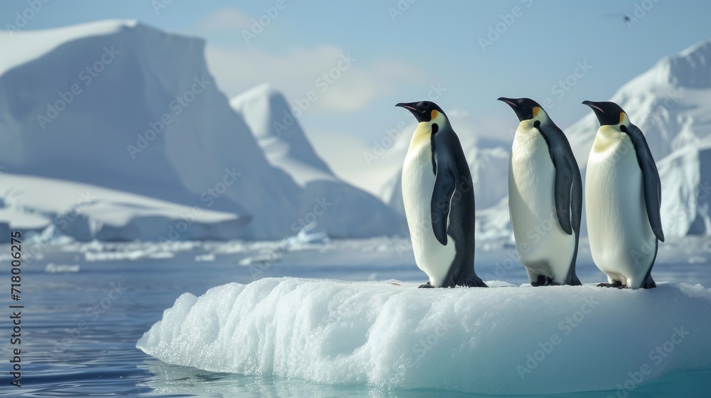 Fototapeta premium Three majestic emperor penguins, the epitome of Antarctic grace, standing regally on an ice floe, showcasing the grandeur of the frozen landscape and the resilience of wildlife in this icy realm