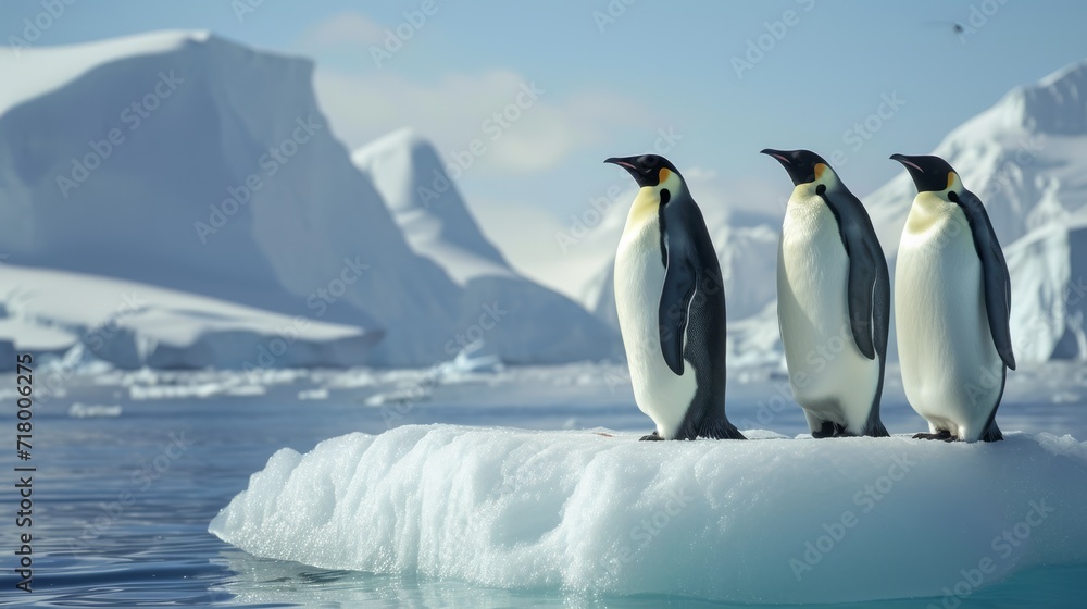 Three majestic emperor penguins, the epitome of Antarctic grace, standing regally on an ice floe, showcasing the grandeur of the frozen landscape and the resilience of wildlife in this icy realm
