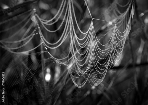 silky spiderweb in morning light with droplets of dew