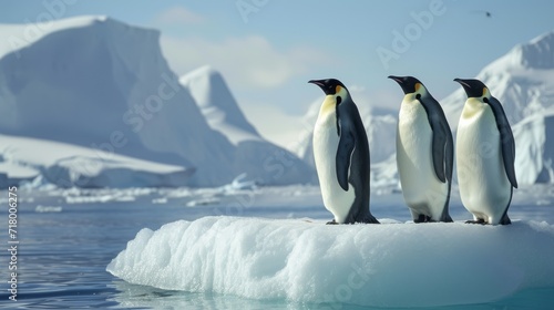 Three majestic emperor penguins  the epitome of Antarctic grace  standing regally on an ice floe  showcasing the grandeur of the frozen landscape and the resilience of wildlife in this icy realm