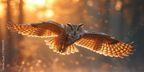 Golden Flight: Majestic Owl Gliding through the Forest at Sunset, a Perfect Blend of Stealth and Grace, Generative AI