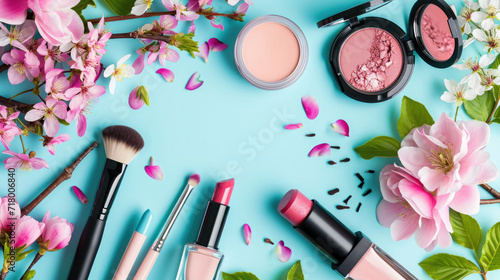 makeup cosmetics lipstick, blush with flower sprigs on a blue background, top view