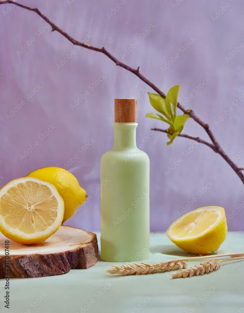 Mockup for advertising and branding product with natural cosmetics of lemon extract. A green bottle unbranded decorated with fresh lemon and dry twig on purple background. Blank space for design.