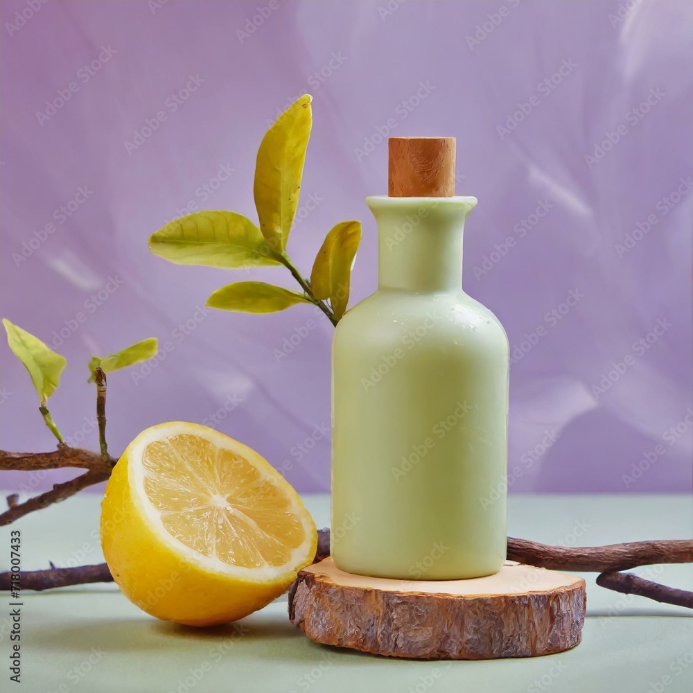 Mockup for advertising and branding product with natural cosmetics of lemon extract. A green bottle unbranded decorated with fresh lemon and dry twig on purple background. Blank space for design. Mockup for advertising and branding product with natural cosmetics of lemon extract. A green bottle unbranded decorated with fresh lemon and dry twig on purple background. Blank space for design.