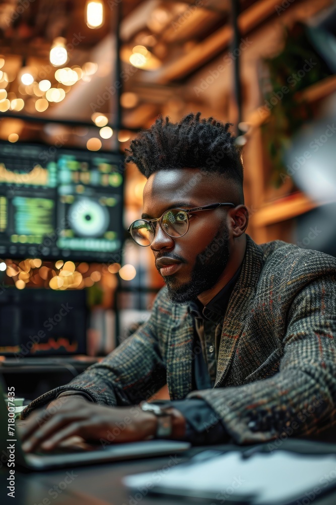 Black man with glasses and beard is working at computer laptop Black man with glasses and beard is working at computer laptop