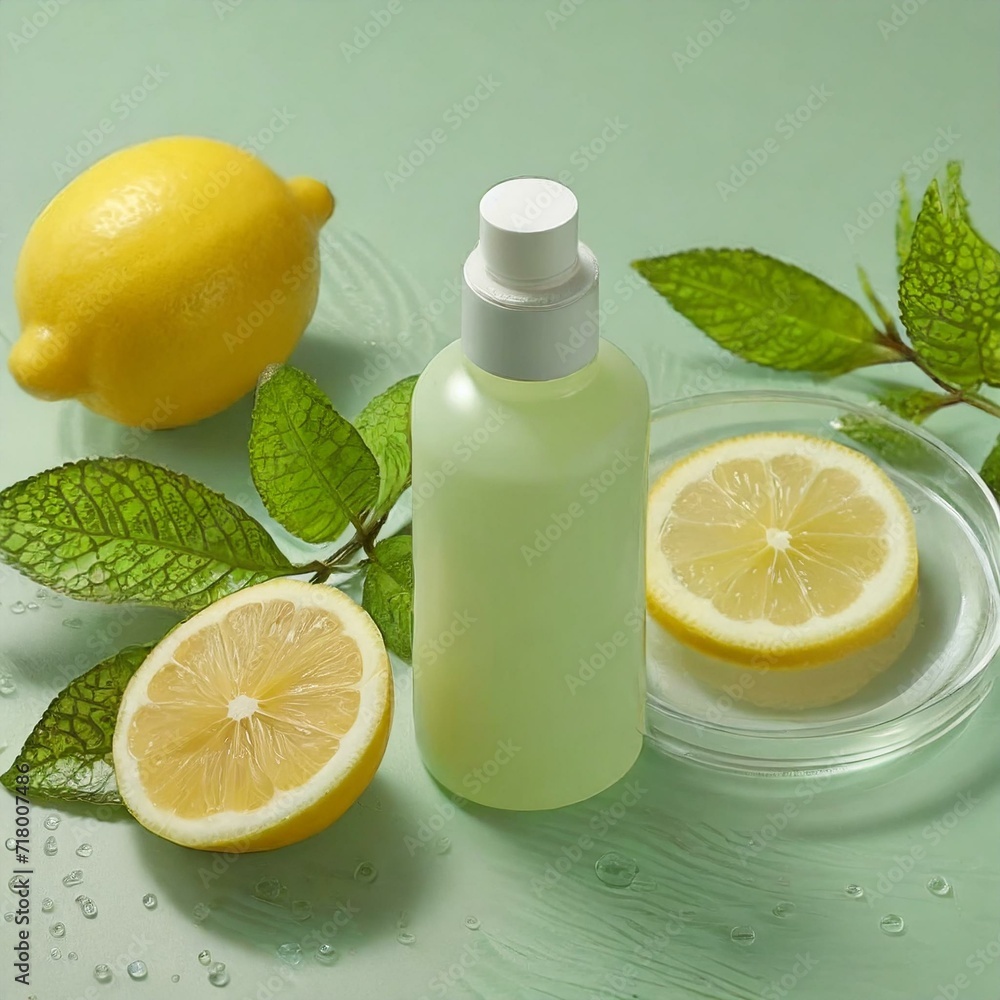 Unlabelled empty bottle with fresh lemons slices, and green leaf decorated on green water background. Mockup scene for advertising cosmetics of lemon extract rich in vitamin C. Unlabelled empty bottle with fresh lemons slices, and green leaf decorated on green water background. Mockup scene for advertising cosmetics of lemon extract rich in vitamin C.