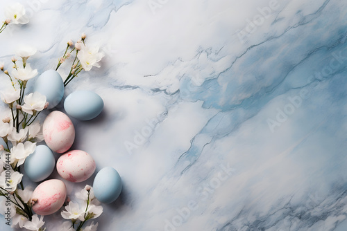 beautiful luxurious composition of Easter eggs and flowers on a background of blue marble. place for text. Easter background