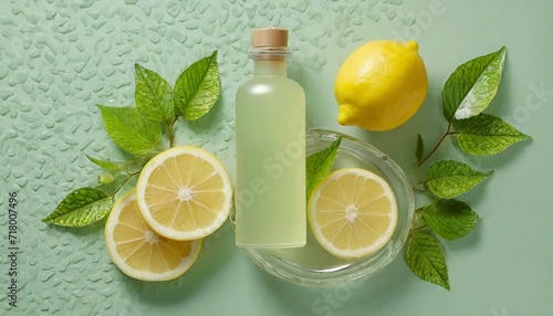 Unlabelled empty bottle with fresh lemons slices, and green leaf decorated on green water background. Mockup scene for advertising cosmetics of lemon extract rich in vitamin C.