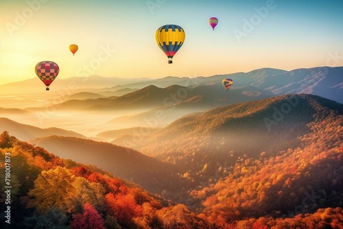 Colorful balloons soar above scenic landscape. Generative AI