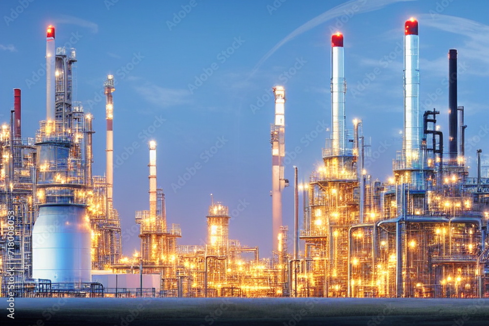 Obraz premium oil and gas power plant refinery with storage tanks facility for oil production or petrochemical factory infrastructure and demand price chart concepts as wide banner hologram hud datum data