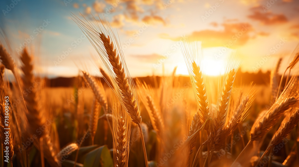 image captures peaceful scene of wheat field at sunrise. The sun is visible, appearing as bright, golden orb amidst the wheat stalks