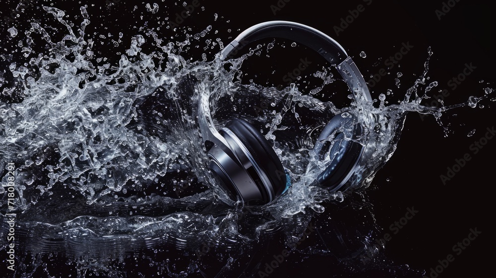 Modern Headphone Accessory in water splashes on the black background