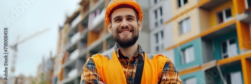 Portrait of a smiling male construction worker on a building project, generative AI