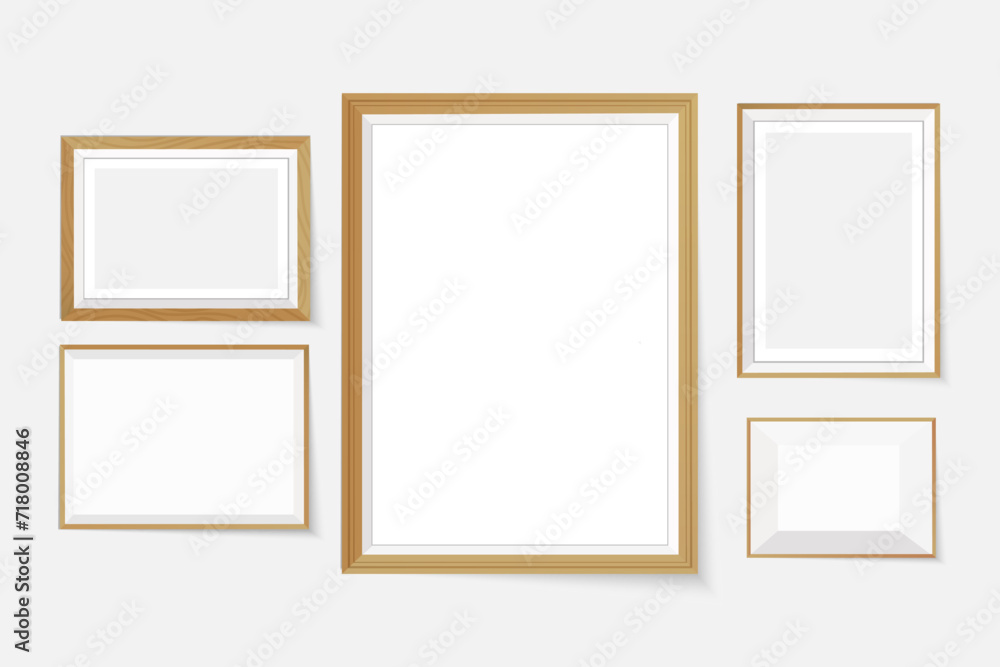 Set of five wooden frames with shadow. Vector mock up with place for design. PNG/EPS 10. Set of five wooden frames with shadow. Vector mock up with place for design. PNG/EPS 10.