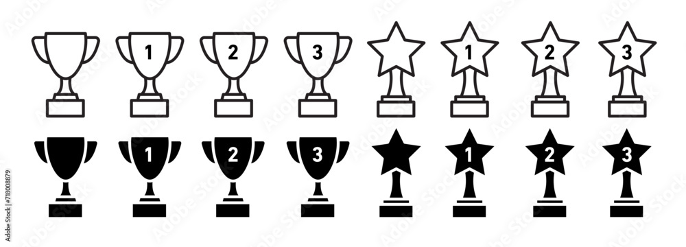 trophy cup vector icon set. football sport tournament champion victory award sign. trophy with 1, 2, 3 and star. contest price sign. - obrazy, fototapety, plakaty 