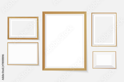 Set of five wooden frames with shadow. Vector mock up with place for design. PNG/EPS 10. 
