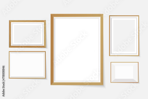 Set of five wooden frames with shadow. Vector mock up with place for design. PNG/EPS 10.	