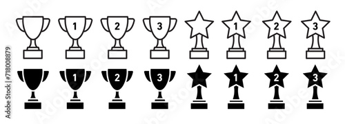 trophy cup vector icon set. football sport tournament champion victory award sign. trophy with 1, 2, 3 and star. contest price sign. photo