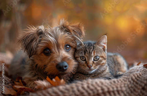 Cute adorable puppy and kitten lying side by side on a warm blanket