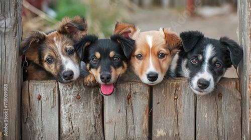 Adorable dogs from various breeds peeking out playfully from behind a wooden fence