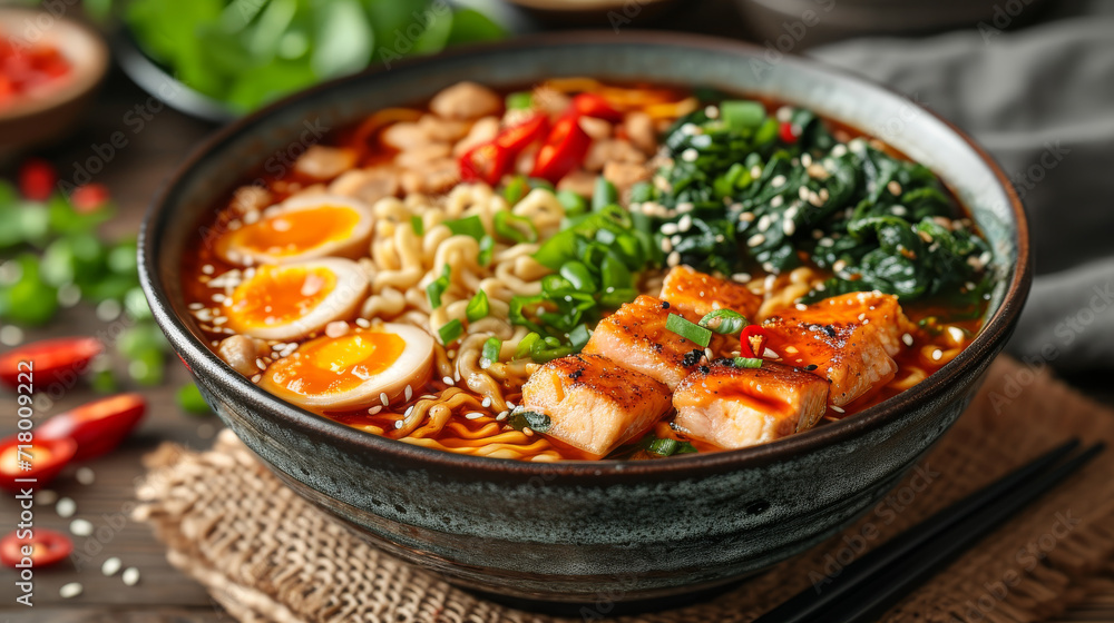 Ramen in a bowl well decorated, product photo Ramen in a bowl well decorated, product photo