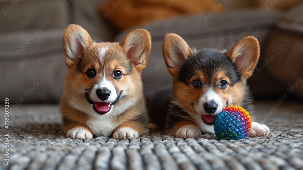 Portrait of cute corgi puppies playing with a colorful ball Portrait of cute corgi puppies playing with a colorful ball