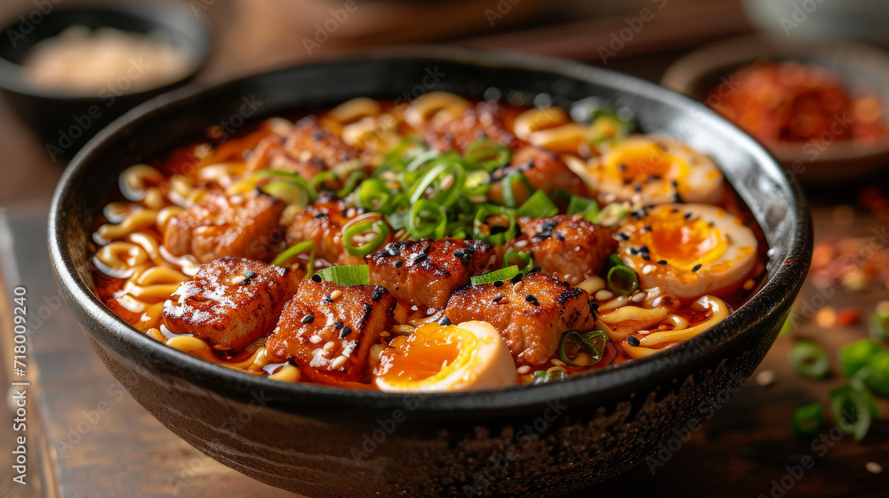 Ramen in a bowl well decorated, product photo Ramen in a bowl well decorated, product photo