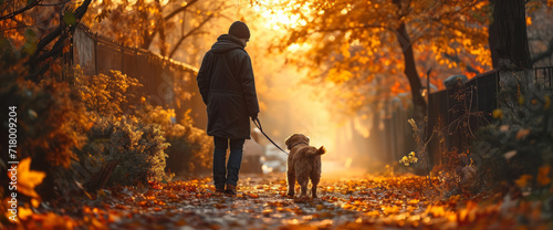 A service dog and a man with disabilities walking on the autumn street photo