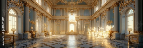 A classic extravagant European interior Ballroom palace room with gold decorations with large windows and columns. Baroque style architecture. photo