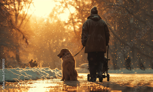 A man with disabilities walking with a dog assistance in the park