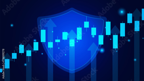 Stock market candlestick with shield. Financial investment and safe forex trading protection concept background.