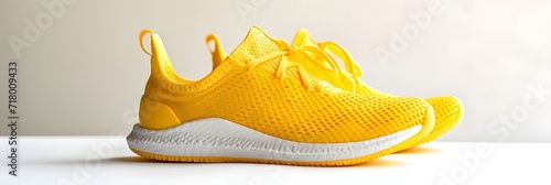 Close-up portrait of yellow sports running shoes against white background, generative AI photo