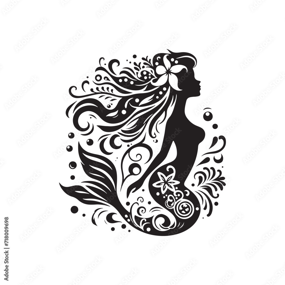 Serenade of the Sea: Dive Deep into the Enchanting Melody Crafted by Silhouetted Mermaids - Mermaid Silhouette - Mermaid Vector - Sea Beauty Vector
