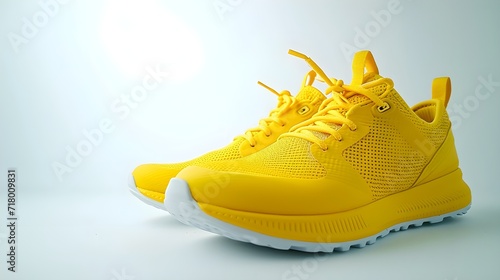 Close-up portrait of yellow sports running shoes against white background, generative AI photo