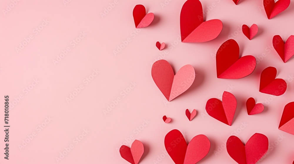 Top view of paper cut hearts on a pastel pink background, perfect for a romantic occasion such as Valentine's Day or Mother's Day.