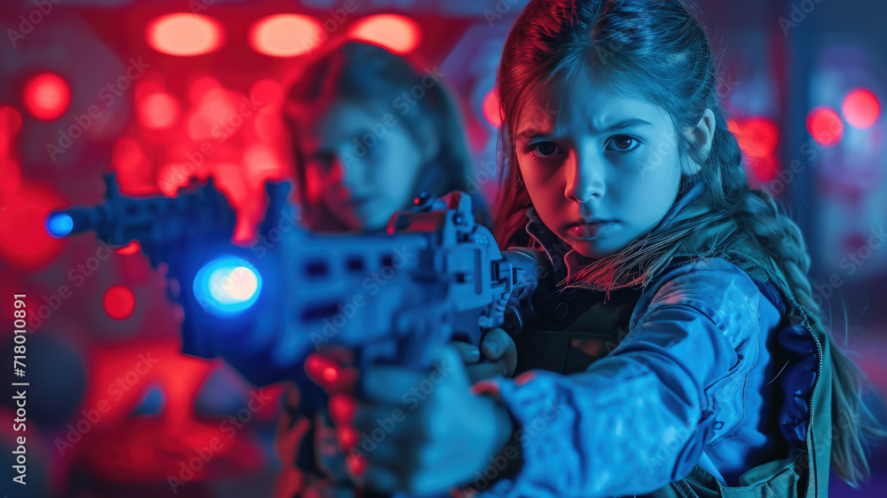 Fototapeta premium cheerful children playing laser tag, kids, shooting, laser gun, game, childhood, entertainment center, childhood, boy, girl, neon, sport, hobby, fun, party, birthday, people, portrait, weapon, war