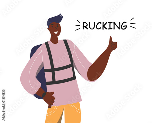 Rucking active walking with a backpack that contains extra weight. A young man walks with a backpack.  Accessible sports, the concept of outdoor training. Vector illustration in the flat style.